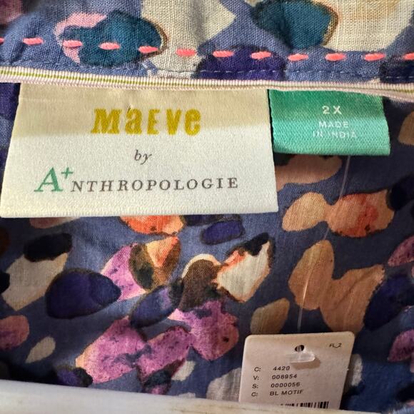 NWT Anthropologie Maeve Puff-Sleeved Buttondown Top Blue Abstract Sz 2X Peasant - Picture 7 of 8